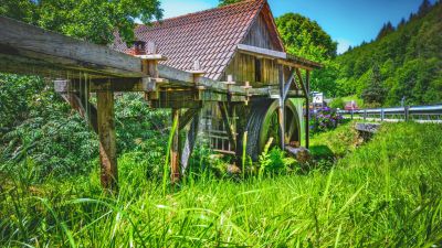 Mühle mit Mühlrad und Kähner, Benz-Mühle Unterwasser