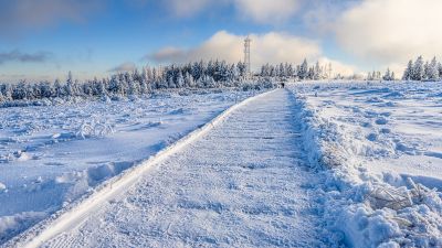schneebedeckte Grinde, Holzbohlenweg mit Schnee