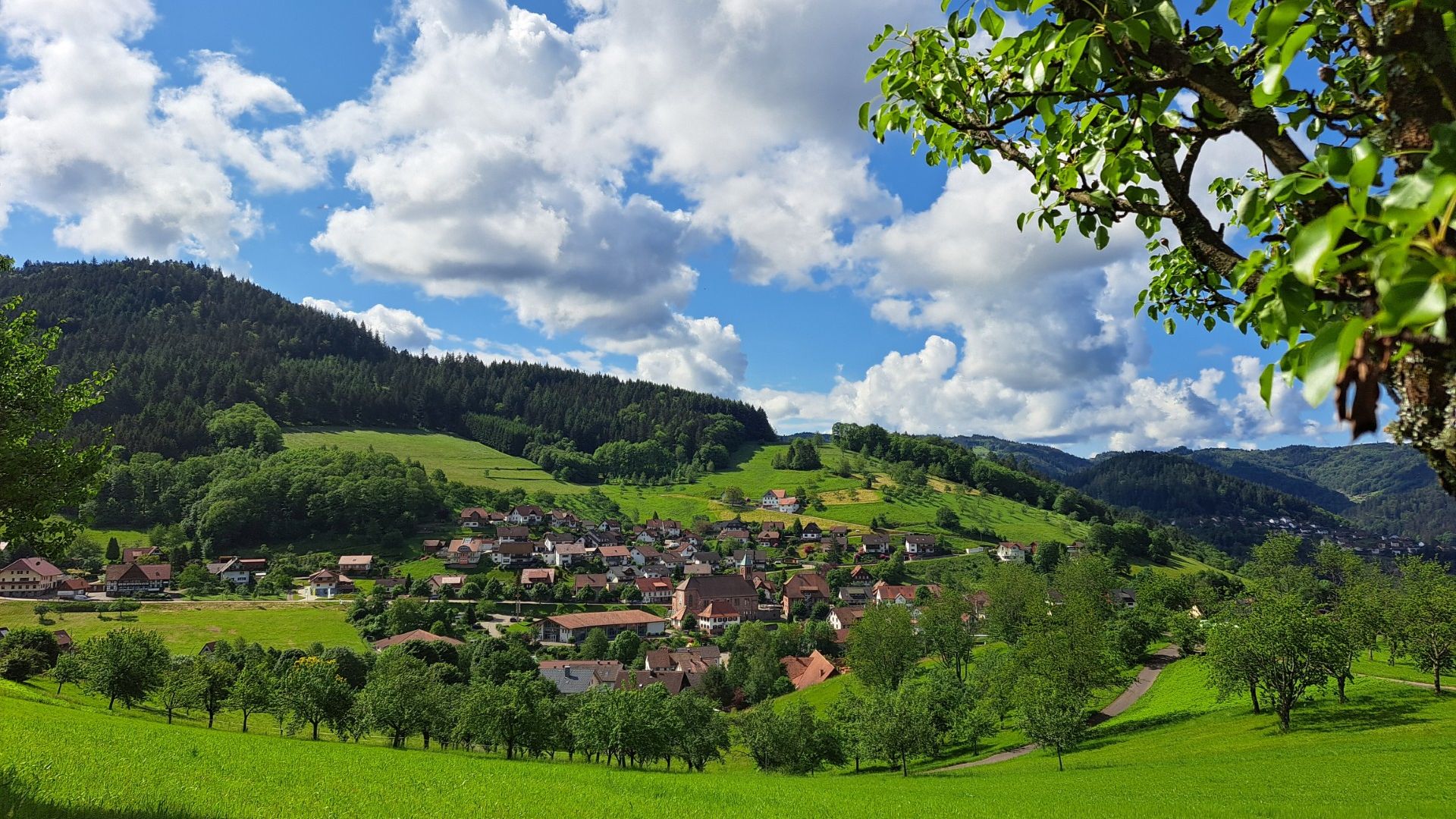 Ortsmitte von Seebach zwischen saftig grünen Wiesen und blauem Himmel mit Wolken