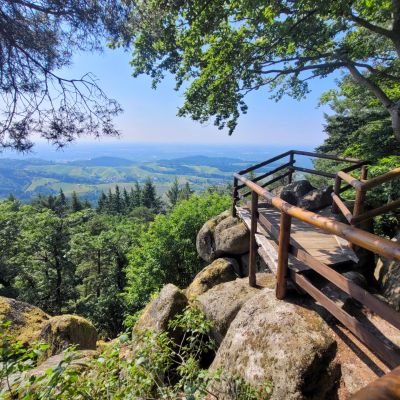 im Vordergrund ein Geländer aus Holz. Man blickt ins Tal mit Felsen, Bäumen und Bergen