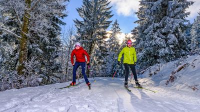 zwei Langläufer auf der Loipe mit schneebedeckten Fichten und Tannen